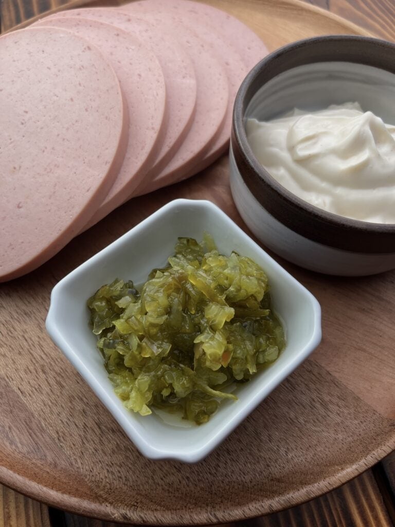 thick sliced bologna, miracle whip and relish