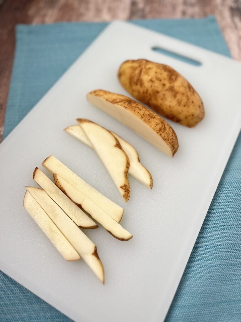 potato cut in half, wedge, slices, and fries