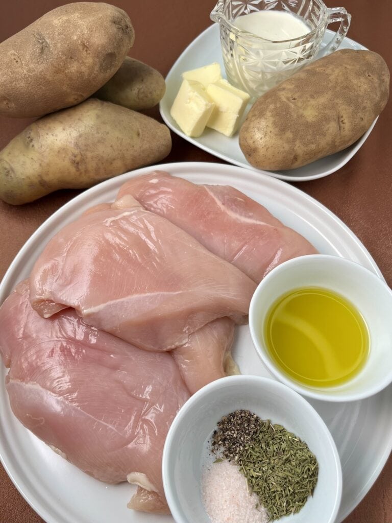 raw chicken, seasonings, oil, potatoes, butter and cream